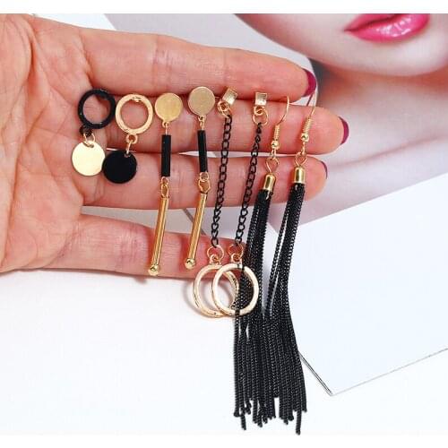 Punk Vintage Black Chain Tassel Earrings Women Bohemia Gold Metal Round Geometric Stud Earring Set For Party Gift