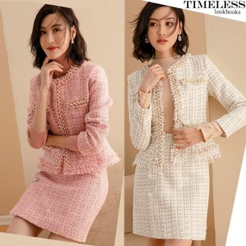 Blazer Suits Mini Skirts Sets Women Plaid Short Two Piece Set Autumn Pink White Slim Tweed Jacket Half Skirt Female Two-Piece