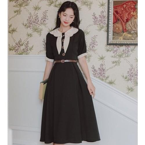 Summer Vestido Bow Peter pan Collar Plaid Cute Kawaii Dress Japanese Sweet Retro Black Dress Robe Femme Send Belt