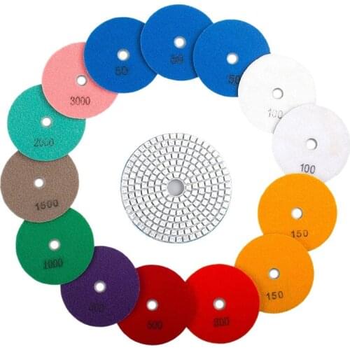 15Pcs 4 Inch Wet Diamond Polishing Pads Set 50 to 3000 Grit Hook Loop Backing Sanding Discs for Granite Concrete Marble