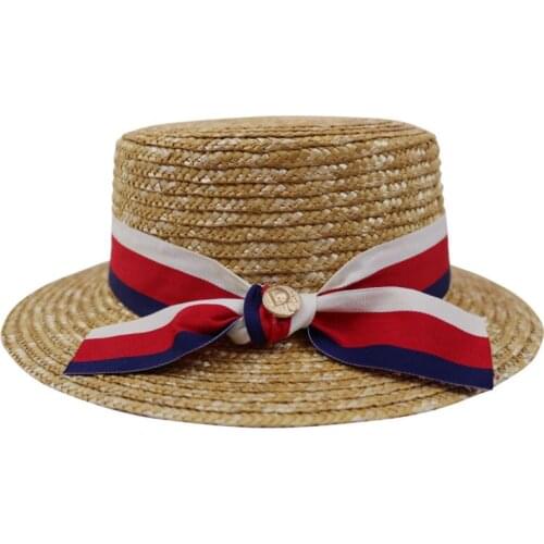 LNPBD 2017 Summer Sweet Sun Hat Beach Ribbon Bow Straw hat cap Short Flat Brim cap for women