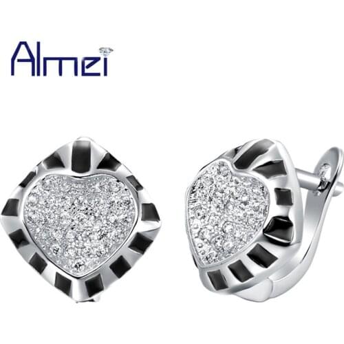 Almei Lady Orecchini Silver Stud Earring with Full Crystal Around Black Enamel Charming Square Stud Earrings Bijouterie R309