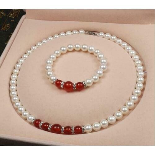 8MM White SHELL PEARL+Reb Ruby Beads NECKLACE 18" +Bracelet Set