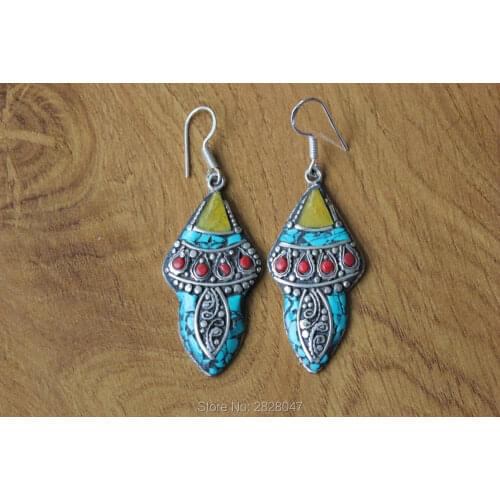 ER154 Beautiful Tibetan Silver Colorful Stone Flower Earrings Bohemia Nepal Jewelry Girls Earrings