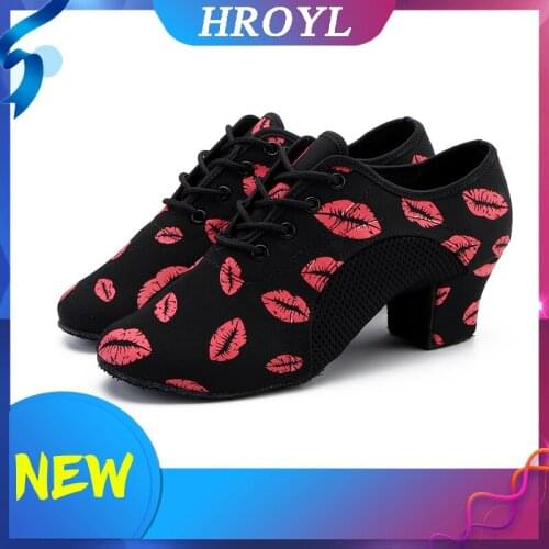 Sneakers women ballroom Latin Dance shoes Women Genuine Teacher shoes Black Heel 3.5/5cm Male Female Genuine Red lips print Oxf