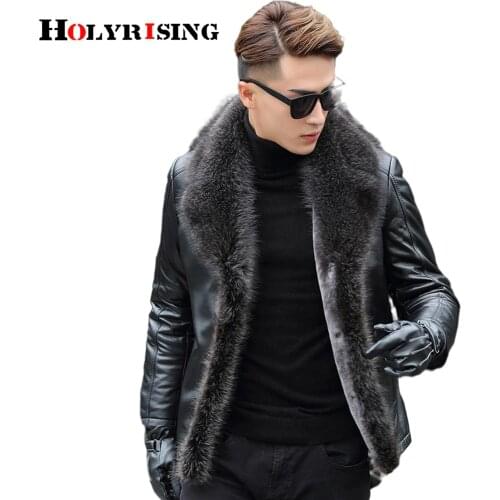 6XL Men leather jacket Real Raccoon Fur Collar Men Faux Leather Jackets Coat jaqueta de couro chaqueta Thicken winter 19463