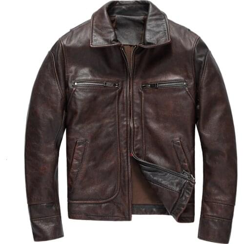 2020 Men Retro Vintage Brown Genuine Leather Jacket Plus Size XXXL Real Thick Cowhide Winter Casual Leather Coat FREE SHIPPING