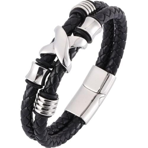 Punk Men Jewelry Double Layer Black Braided Leather Bracelet Men Stainless Steel Magnetic Clasp Wristband Bracelet Trendy SP0337