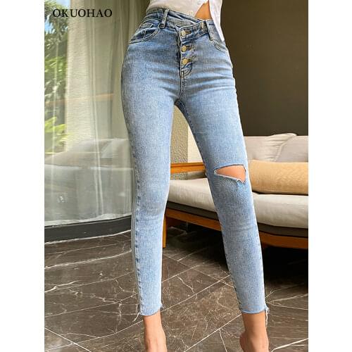 Skinny Jeans Woman High Waist Ripped Sexy Slim Stretchy Denim Little Feet Pants Fashion Blue Wash Nine Points Pencil Pants