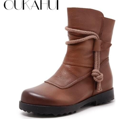 OUKAHUI Winter Warm Plush Vintage Genuine Leather Mid Calf Boots Woman Flat Mid Heel 3.5CM 2021 Spring Zipreal Leather Boots