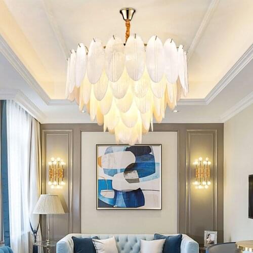 Post Modern Luxury Art Hand Made Lustre Glass White Leaves Chain Pendant Chandelier for Foyer Corridor Villa