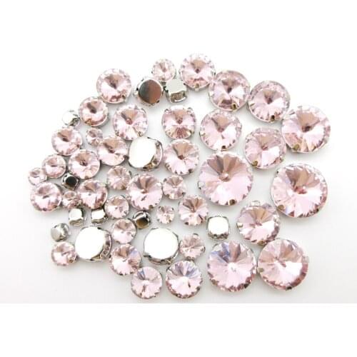 Pink glass crystal strass mix Rivoli round shape 7 sizes silver claw flatback sew on rhinestones clothes bags diy decoration