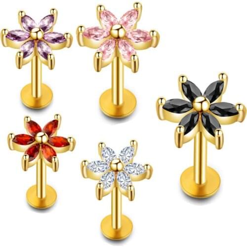 SaYao 1 piece 16G Gold Lip Ring Labret Earring Nail Bone Barbell Zircon Rose Flower Helix Tragus Ear Piercing Body Jewelry