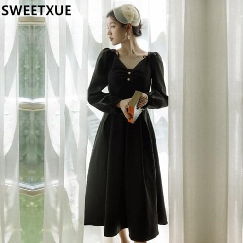 SWEETXUE 2021 French Retro Elegant Dress Long Sleeve Sexy V-neck Temperament Dress Chic Fairy Party Female Vestido Mujer