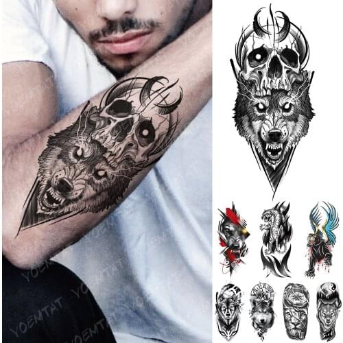 Waterproof Temporary Tattoo Sticker Wolf Tiger Skull Lion Tattoos Yin Yang Clock Forest Body Art Arm Fake Sleeve Tatoo Women Men