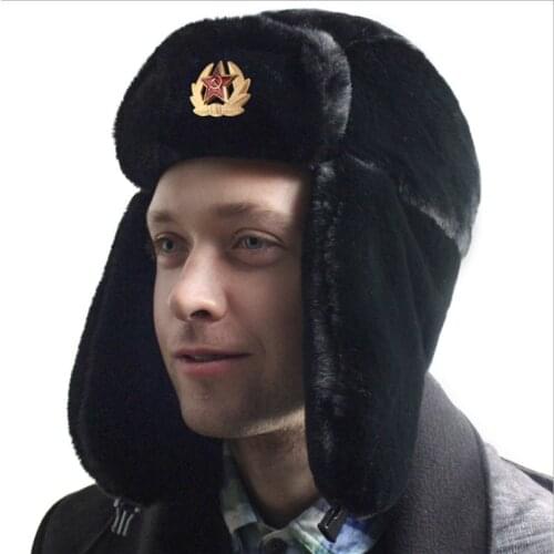 WZCX Soviet Military Badge Pilot Trapper Trooper Hat Badge Faux Rabbit Fur Outdoor Ushanka Earflap Men Snow Caps