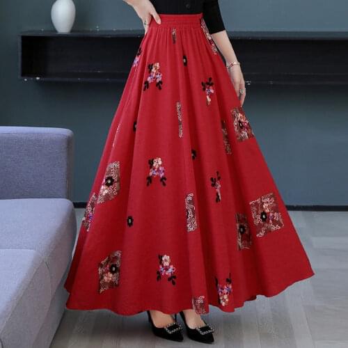 Floral Skirt Spring Autumn Womens Clothing Large Size Cotton And Linen Embroidery Retro Ethnic Style Female Long Skirt y1051