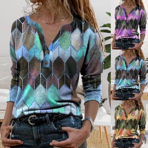 Women Retro Geometric Print Streetwear Buttons Blouse Pullover V Neck Leisure Long Sleeve T-shirt Tops