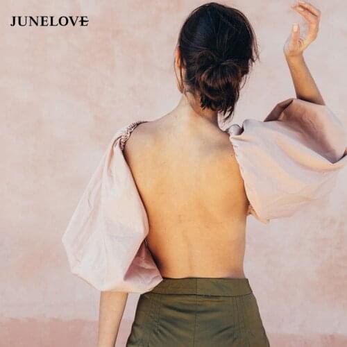 JuneLove Women Sexy Lantern Sleeve Blouse Shirts Vintage Backless Female Loose Blouse Casual Street Wear Lady Holiday Short Tops