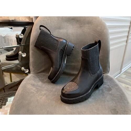 New Hot Sale Winter Shoes Woman Chelsea Boots Genuine Leather Ankle Boots Woman Short Boots Round-Toes Square Heels Boots Woman