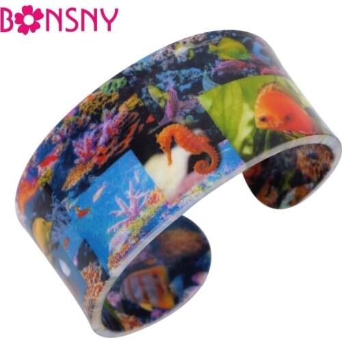 Bonsny Acrylic Hippocampus Fish Pattern Wide Sea Bracelets Bangles For Women 2017 New Ocean Collection Jewelry Accessories Gift