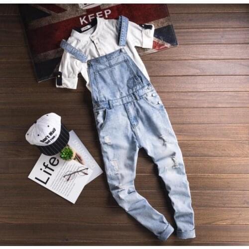 2021 New light blue slim snow washed denim bib overalls for tall big Plus size hole ripped suspenders jumpsuits Cargo torn jeans
