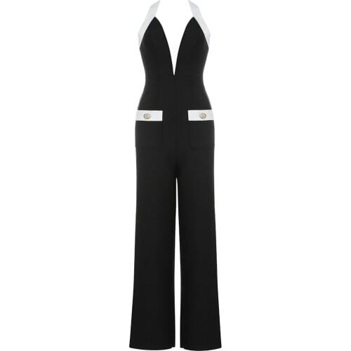 2021 New Summer Women Sleeveless Bandage Jumpsuits Sexy Halter Buttons V Neck & Long Pants Club Party Rompers Jumpsuits