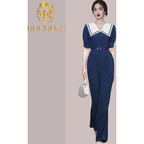 2021 Summer New High Waist Straight Doll Collar Jumpsuit Chiffon Blue Women Casual Rompers Work Siamese Pants