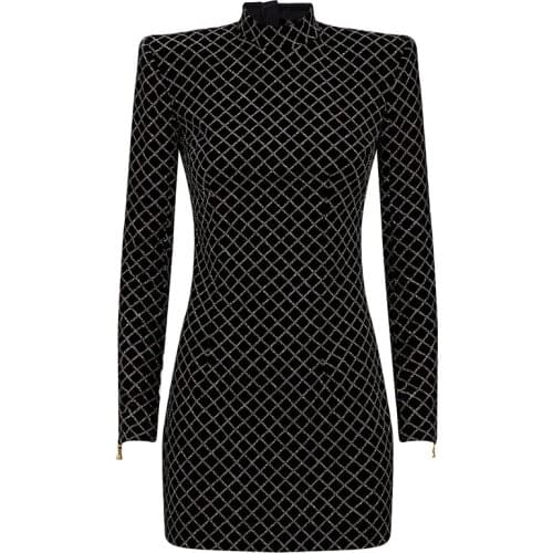 HIGH STREET 2021 Newest Designer Dress Womens Long Sleeve Plaid Glitter Sequined Sheath Velvet Mini Dress