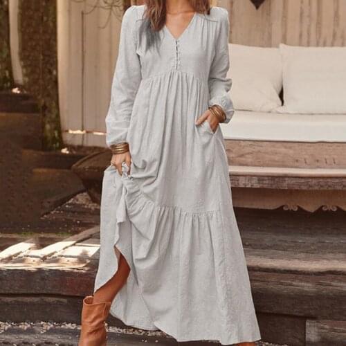 Fashion Long Sleeve Dress For Women Robe Femme 2020 Spring Casual Loose Ankle-Length Dresses V-Neck Dress With Pocket
