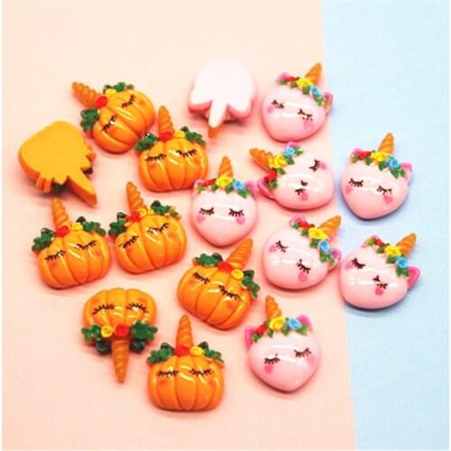 10pcs Lovely Resin Pink/Pumpkin Unicorn Flatback Cabochons DIY Hair Bow Centers Scrapbooking Decoration