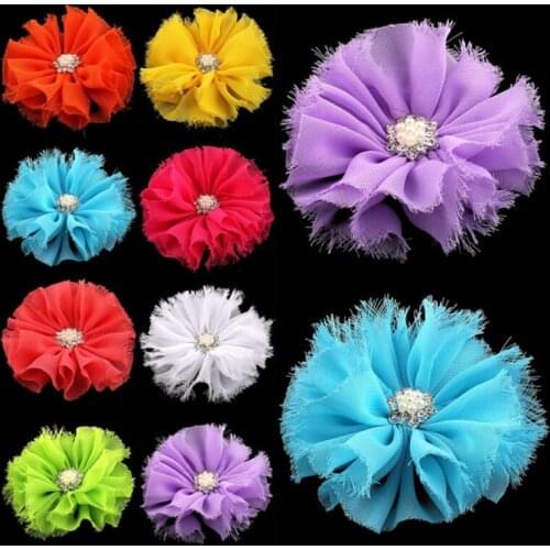 10pcs/lot 3" 16colors Hair Clips Shabby Chiffon Flowers+Rhinestone Button For Kids Hair Accessories Fabric Flowers For Headbands