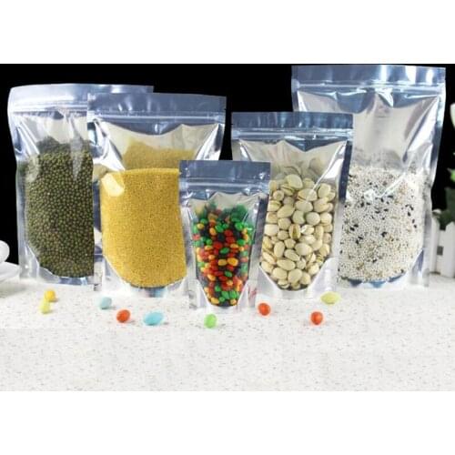 100 Pack Big Clear & Silver Metallic Food Storage Standing Bag Aluminum Foil Ziplock Pouch for Grain Cookie Coffee Baking