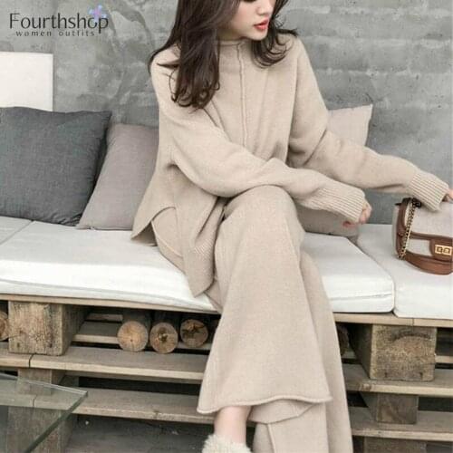 2020 Winter Knitted Sweater and Wide Leg Pant Suits Women 2 Two Piece Set Loose Plus Size Long Sleeve Fashion Tracksuit Female