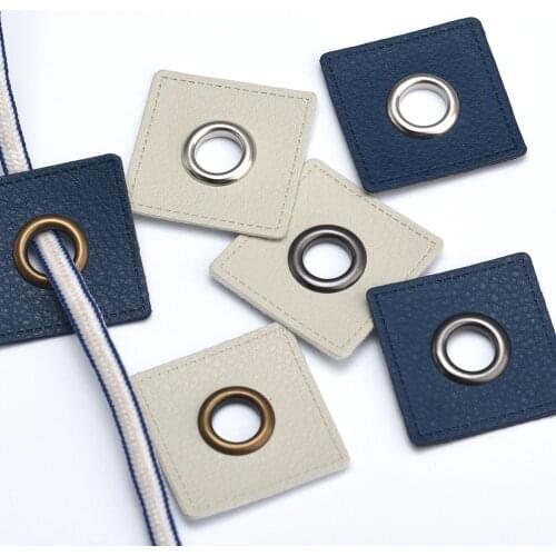 30pcs/lot 37mm square NAVY/BEIGE PU leather sew on Badges patch labels + inner 10mm metal brass eyelets grommets free ship