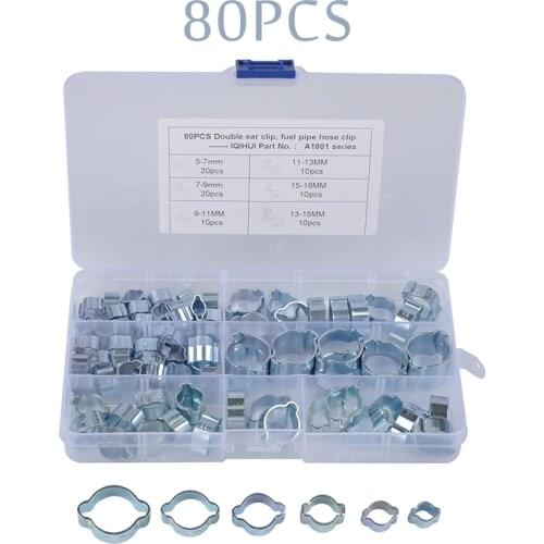 80PCS Double Ear Hose Clips Water Fuel Air Clamps 5-18MM Zinc Plated Assortment Box