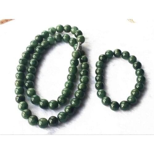 Free Shipping 10MM Certified Untreated Green Icy Jadeite Jade Necklace + Bracelet 20 "7.5"