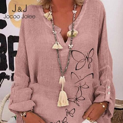 Jocoo Jolee Oversized Shirts Elegant Cotton and Linen Tops Women Casual Long Sleeve V Nevk Loose Blouse Oversized Tunics