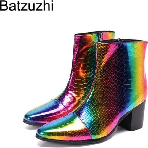 Batzuzhi Street Rock Mens Shoes Boots 7.5cm High Heels Multi Leather Short Boots Men Party/Motorcycle/Wedding Botas Hombre