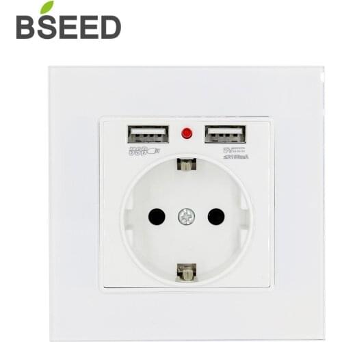 BSEED Home Electric Wall Socket With Double USB Wall Socket Decorative Socket Dual White Glass Panel