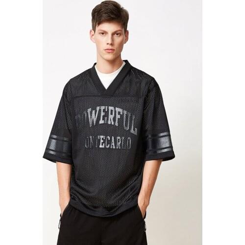 BOSIDENG Summer Tshirt Men Loose Tshirt Black shirt V-neck street wear loose sport Tshirt High quality B80226267