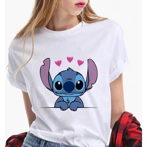 Disney Lilo & Stitch T-shirt Womens Summer Cartoon T-shirt Fashion Women White T-shirt Kawaii Tees