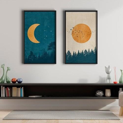 Canvas Painting Wall Art Abstract Boho Landscape Moon Sun Forest Posters Wall Pictures for Living Room Decor Home Decor
