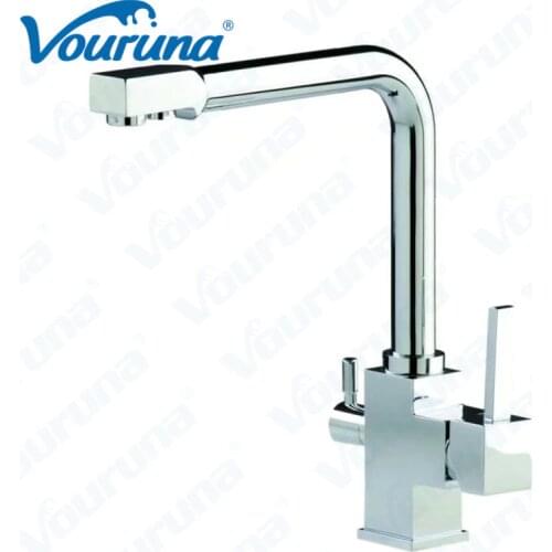 VOURUNA Square Swivel Pure Water Filter Tap Tri Flow Sink Mixer Faucet Kitchen 3-Way Tap Solid Brass Chrome