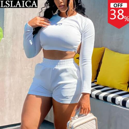 Summer Suit Solid Long Sleeve Crop Top Short Pants High Elastic Waist Casual Tracksuits for Women Backless Lace-up Women Sets