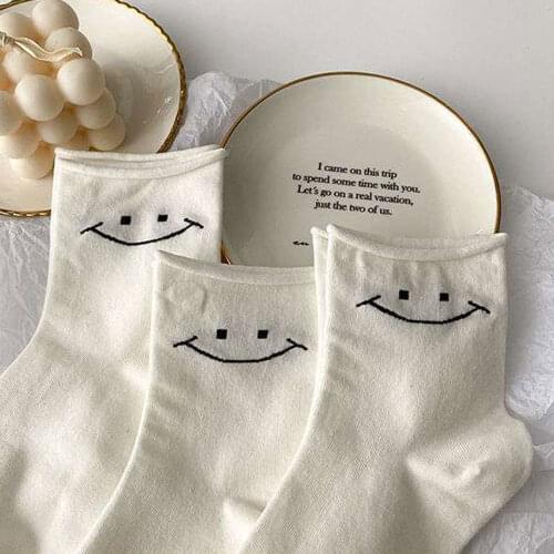 Cute Smiley White Socks Cotton Black Kawaii Short Socks Women Fun Socks Cartoon Japanese Style 1 Pair