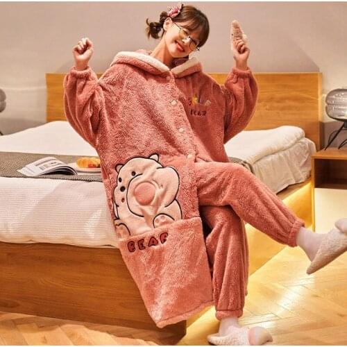 Cute Sweet Hooded Pajamas Sets Women Long Coral Velvet Thickened Pajamas Fashion Home Clothing Nightgown Long Pants 2 Piece Sets