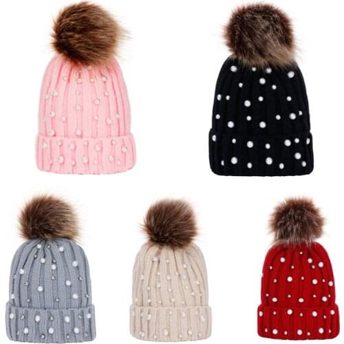 Fashion Winter Children Knitted Beanie Hat With Pearl Warm Pompom Caps For Kids Casual Pom Pom Hats Girls Boys Skullies Beanies