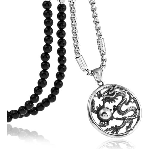 Mens Gothic Lucky Chinese zodiac Dragon Amulet Stainless Steel Pendant Necklace with Black Natural Stone Chain 26"