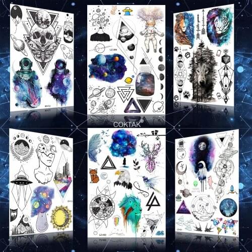 Galaxy Geometric Cosmonaut Flash Lion Temporary Tattoos Stickers Sky Bottle Waterrproof Tattoo Fake Women Men Stars Tatoo Decals